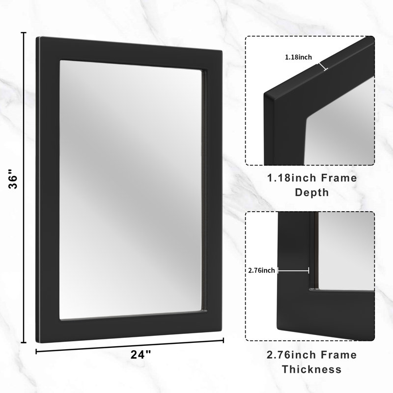 Wood Rectangle Mirror Wall Mounted Decor Bathroom Vanity Mirror With HD Tempered Glass, Black, 36" x 24"