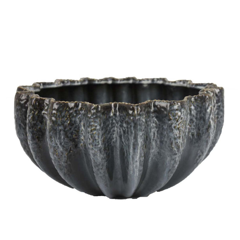 Bol décoratif, céramique gris aqua, côtés festonnés cannelés, 13 pouces
