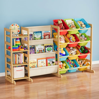 Organisateur de rangement de jouets 3 en 1 avec 4 tablettes et 12 bacs - Bibliothèque à 3 niveaux