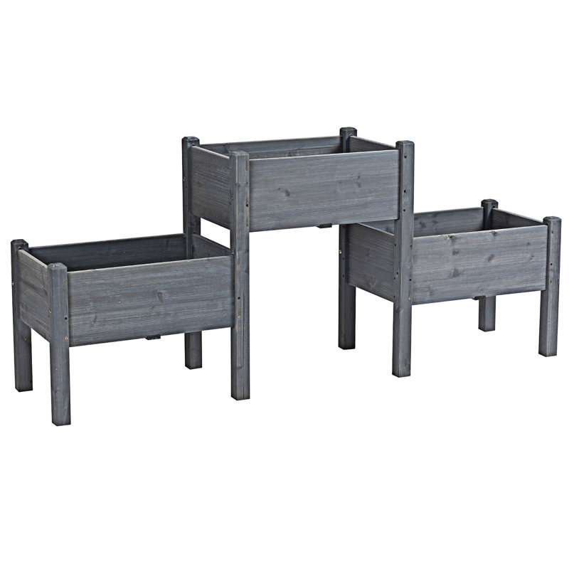 Lit de jardin surélevé en bois avec 3 jardinières, Gris