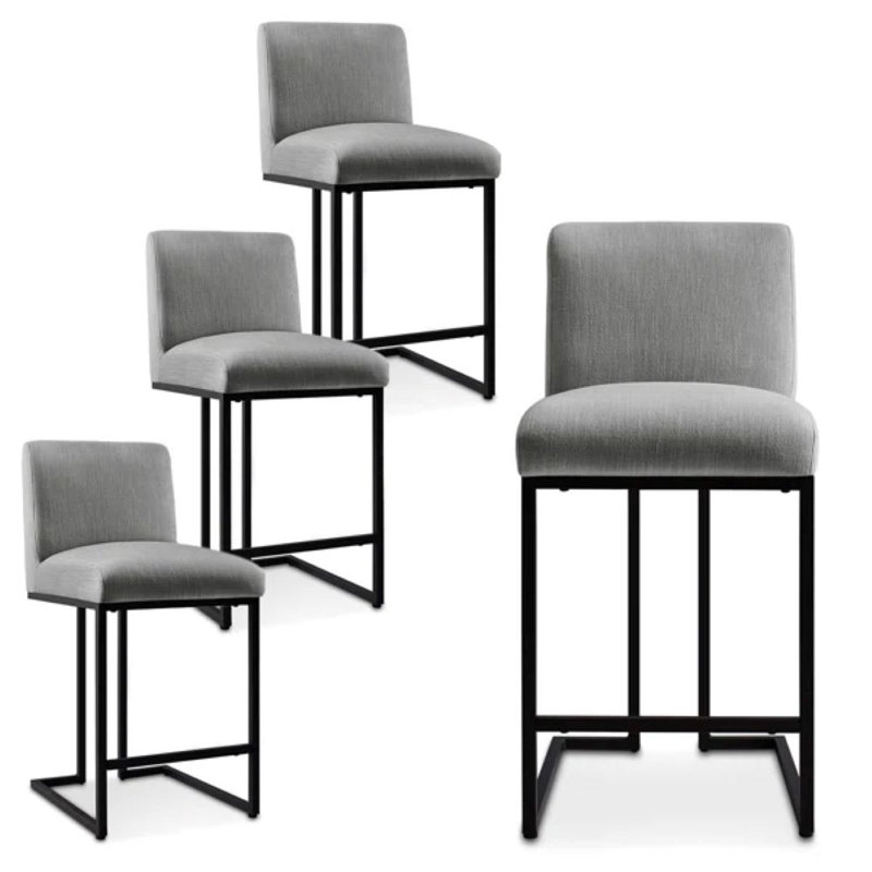 25" Counter Height Upholstered Bar Stools With Textured Fabric Seats And Black Metal Base, Gray