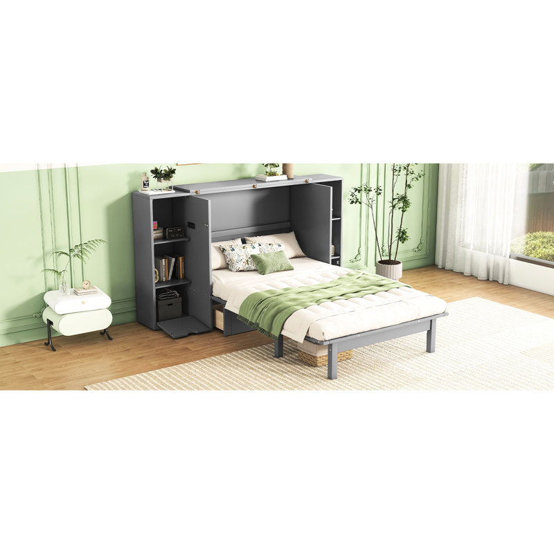 Lit gris avec rangement, tablettes et grands tiroirs - tablettes, tiroirs et économiseur d'espace moderne, Gris, Grand lit