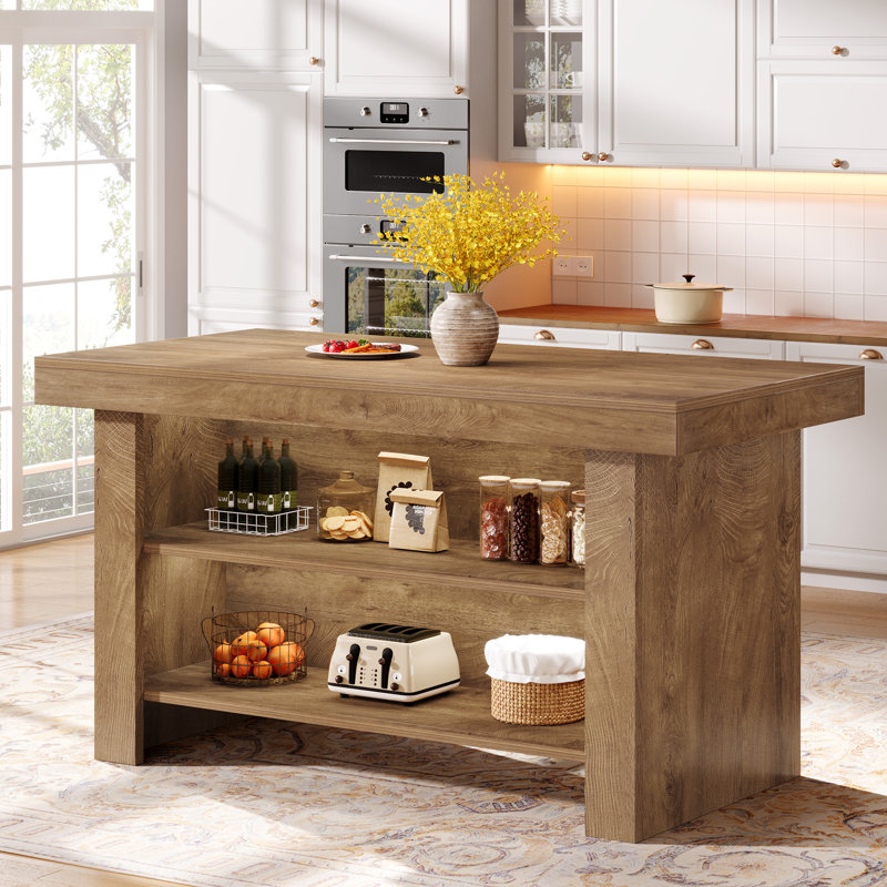 55-inch Kitchen Island With Storage, Brun, Brown