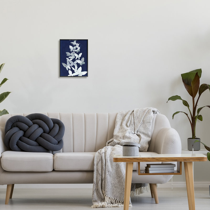 «Blue Butterflies Abstraction» encadré sur bois par Grace Popp, peinture, Giclée encadrée noir minuit