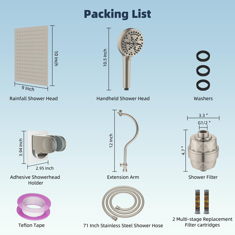 10'' Filtered Rainfall Shower Head Combo, High Pressure, 12'' Adjustable Curved Extension Arm, 20 Stage Shower Filter, 10-Spray, 71'' Hose