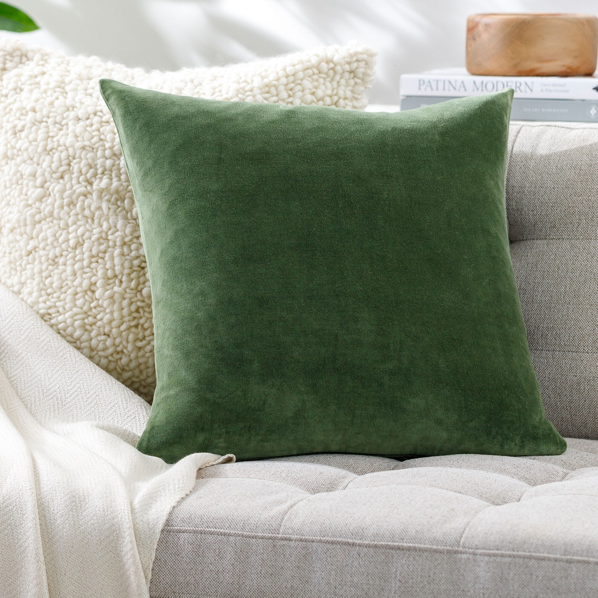 Denny Cotton Throw Square Pillow, 20"H x 20"W, Green, Down