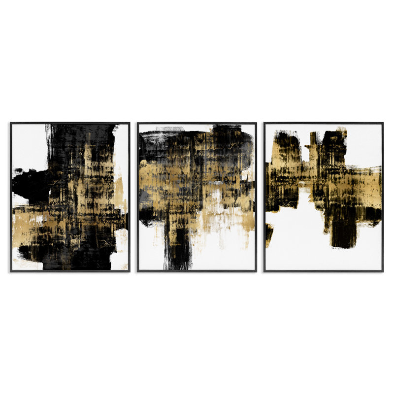 «Bold Black Brushstrokes Golden Distress Accent» par Alex Wise - ensemble de 3 impressions, H 20 po x l 16 po