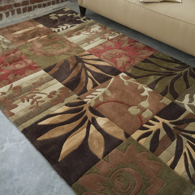 Tapis touffeté à la main à motif floral brun foncé / brun clair / kaki d'entrejambe clic