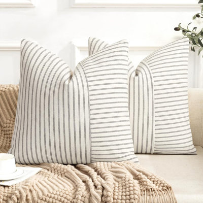 Farmhouse Pillow Covers 18X18, Modern Accent Square Throw Pillow Covers Set Of 2, Striped Patchwork Linen Decorative Pillows Cushion Covers For Couch Chair Bedroom Fall Decorations