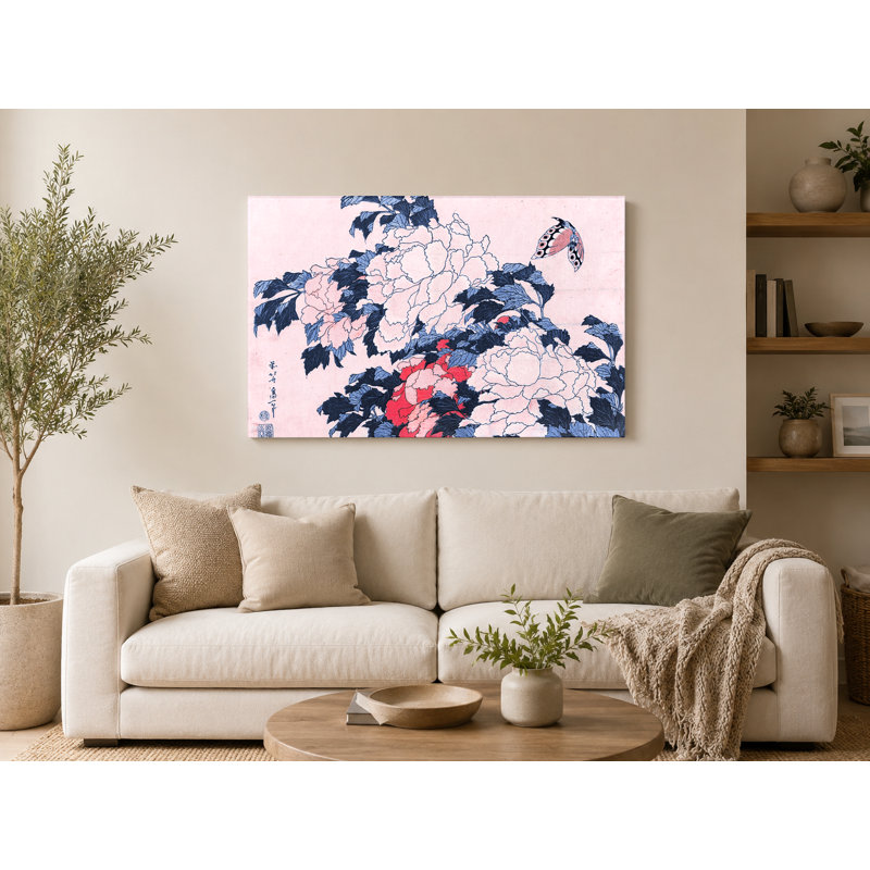 Pivoines et papillon (vers 1833) - art mural sur toile paysage, 30" W x 20" H