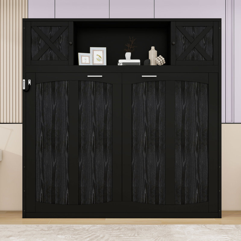 Grand lit escamotable avec armoires de rangement, noir, Grand lit, Noir