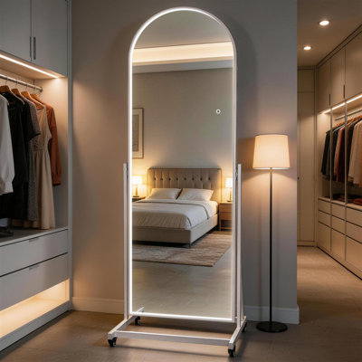 65"x18" Arched Full Length Mirror with Lights?Rolling Floor Mirror with Wheels & 360° Rotation, 3-Color Dimmable Lighting & Swivel Stand Full Body Mirror for Bedroom, Dressing Room, Home Gym