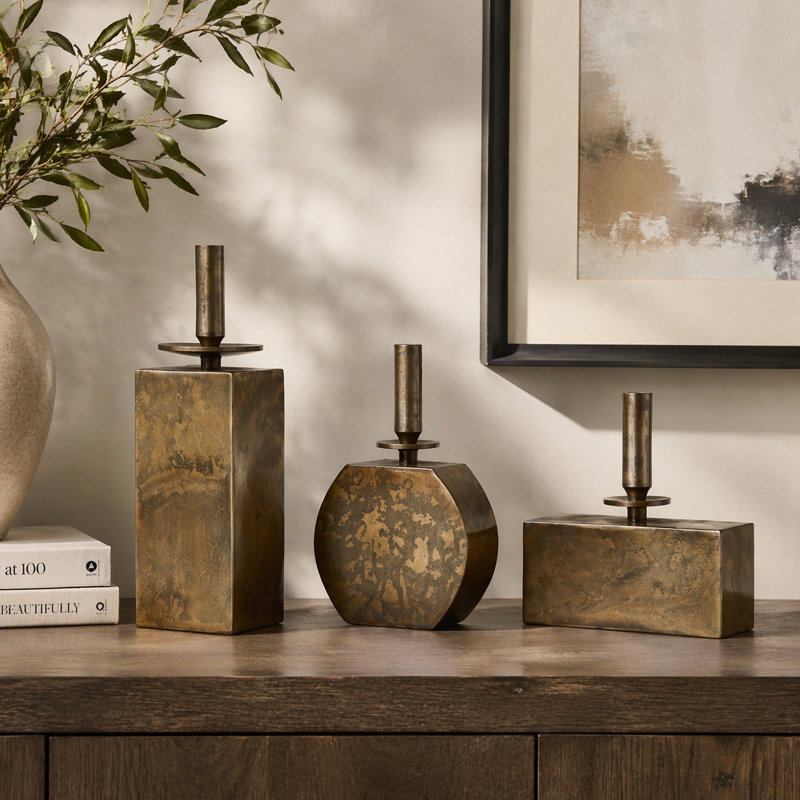 Modern Aluminum Metal Vases with Geometric Sculptural Design for Casual Home Decor, Contemporary Accent Decorative Objects - Set of 3