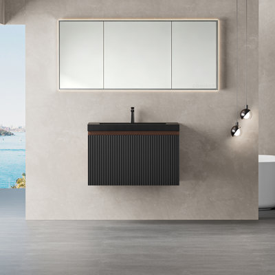 Meuble-lavabo mural 24 po moderne en noyer fumé avec plateau en quartz noir