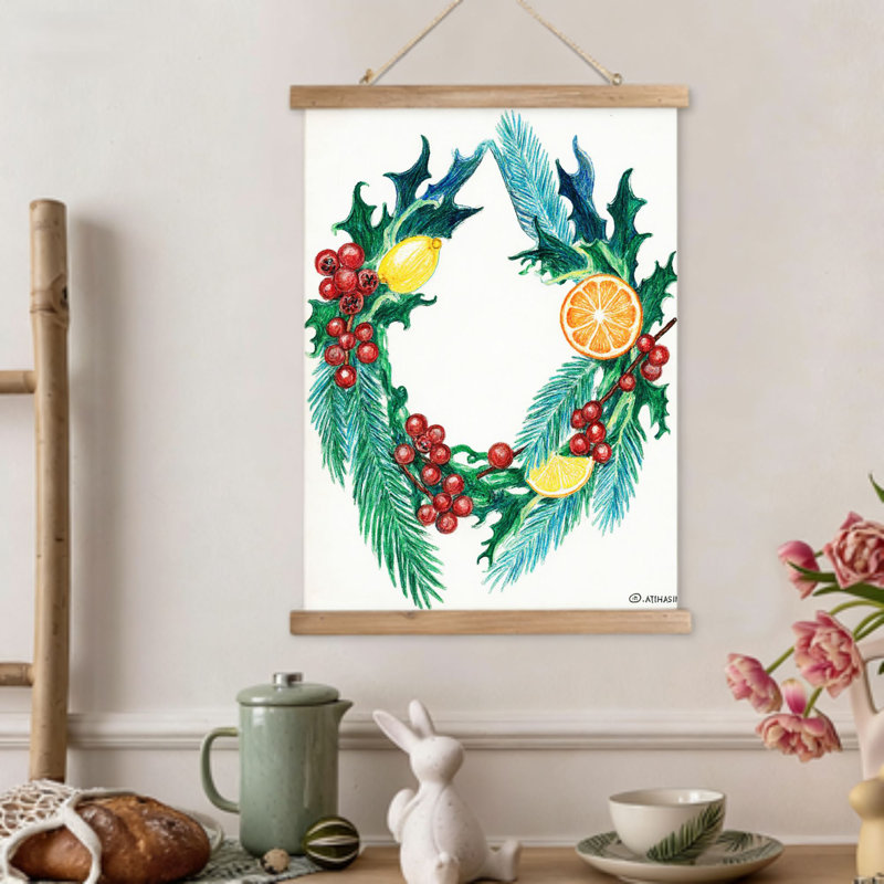 Couronne festive d'hiver, art mural volute suspendue, 16 x 24, cintre en bois intégré