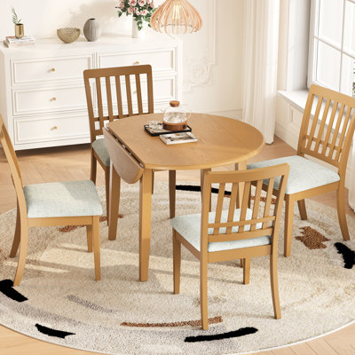Salle à manger ronde pour 4 personnes, 1 table pliante avec abattants et chaises à dossier en lattes rembourrées, brun, soupers décontractés parfaits 4, brun, extensible et confortable Design Mid-Century