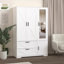 Armoire 4 portes avec miroir, armoire à DEL avec portes et 2 tiroirs, armoire de rangement en bois avec tringle, tablettes réglables, blanc
