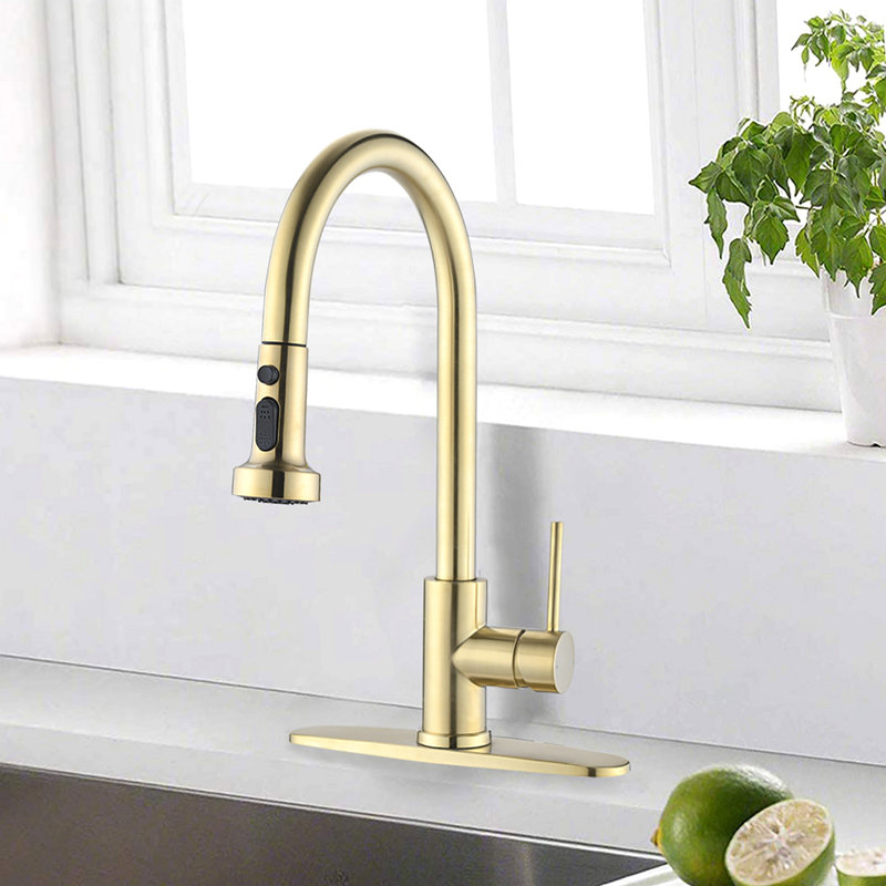 Robinet de cuisine rétractable en acier inoxydable avec douchette, Or brossé