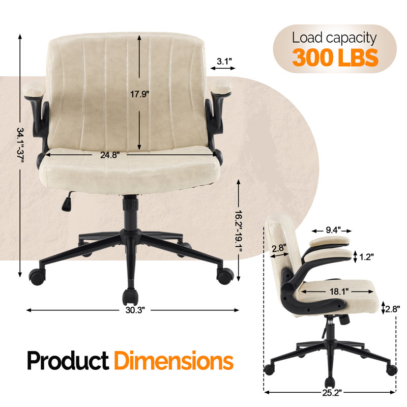 Oil-Waxed Leather Swivel Chair With Flip-Up Armrests, Ivory