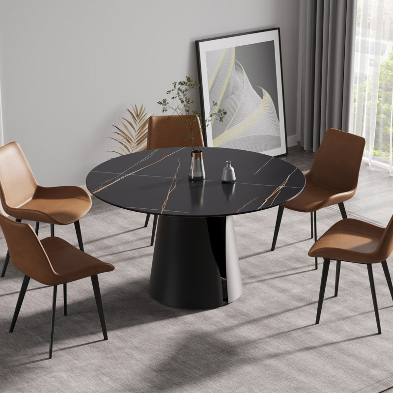 Table de salle à manger moderne en pierre artificielle ronde en acier au carbone pouvant accueillir 6 personnes, Noir
