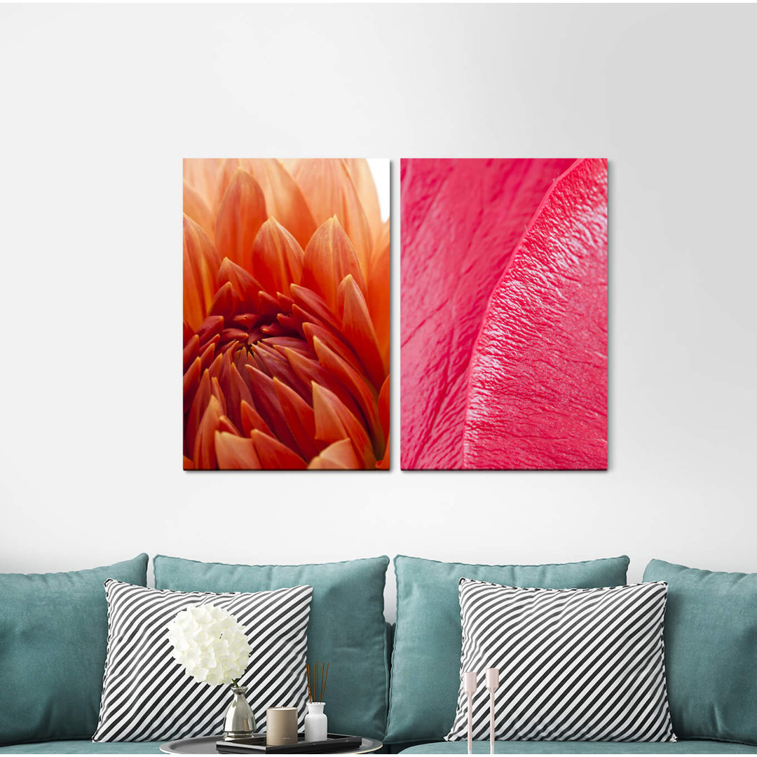 2-tlg. Leinwandbilder-Set - Grafikdruck „Dahlia Red Flower Blossoms Warm Delicate”