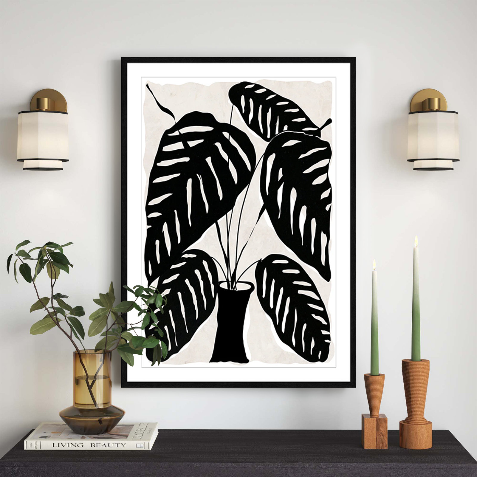 Black and White Potted Plant I Print, Black Framed, 41.5" H x 29.5" W x 0.75" D