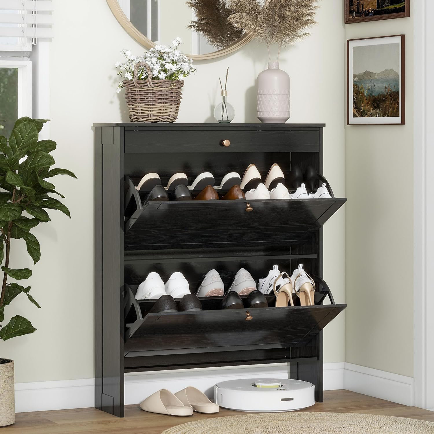 Latitude Run® Narrow Shoe Storage Cabinet with 2 Flip Drawers ... - Hidden Shoe Organizer Design For Apartment