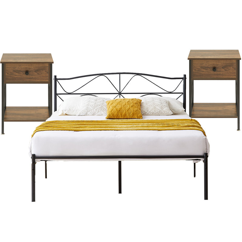 Ensemble de chambre configurable avec lit plateforme en fer, Grand, Brun