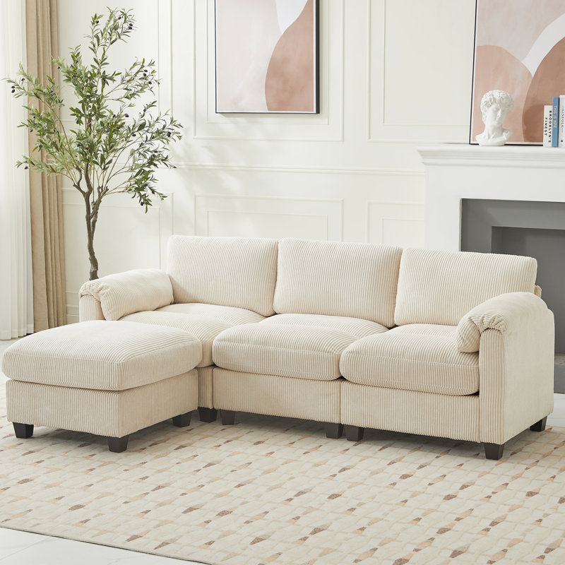 Canapé modulaire en L 4 pièces avec repose-pieds en velours côtelé, Velours côtelé beige