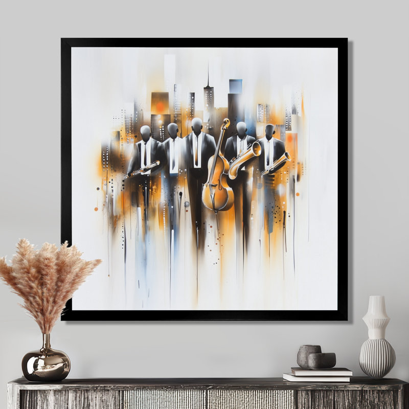 Abstrait Jazz Musisans In The Studio II - Music Jazz, art mural, H 36 po x l 36 po, Reproduction encadrée, Noir