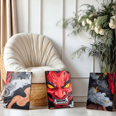 3PCS Wall Arts Posters Framed, Japanese Oni Mask Canvas Wall Art Set of 3 - Red Demon Face with Smoke Clouds and Gold Accents, Traditional Oriental Decor for Living Room, Bedroom, Office, Home Decorations, Modern Artwork Prints