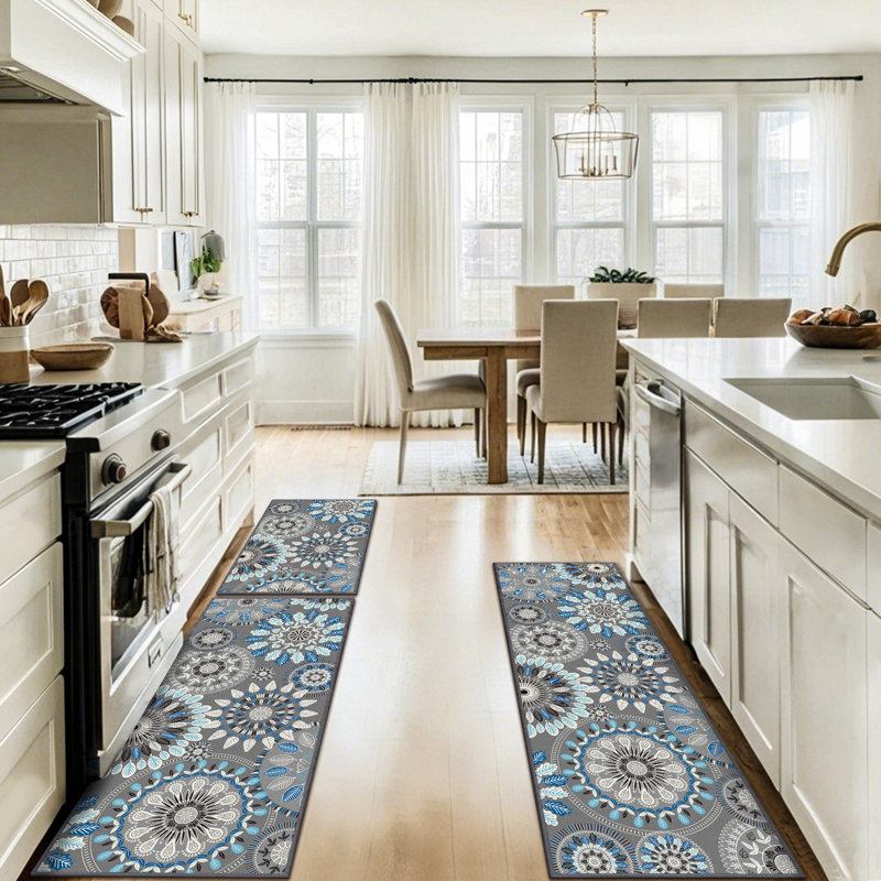 Tapis de cuisine antidérapant 3 pièces Mcnish, Bleu / gris / beige