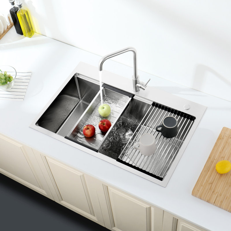 Évier de cuisine en acier inoxydable encastrable 33 po x 22 po x 10 po. Gris foncé, simple cuve avec accessoires, système de drainage rapide, attribut d'assemblage, fabriqué
