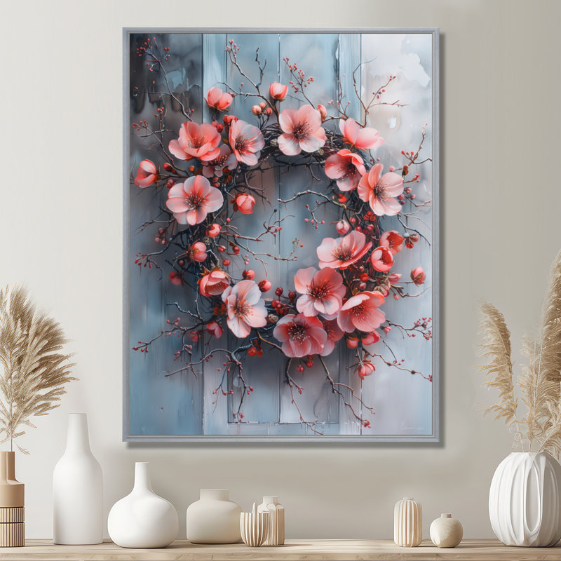 Décoration murale couronne rose et murmures roses et blanches II, H 12 po x l 20 po, Encadrement argenté