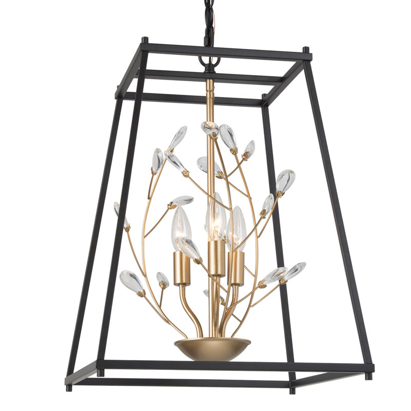 Lustre géométrique de salle à manger à 3 lumières avec détails en cristal, Noir / or foncé