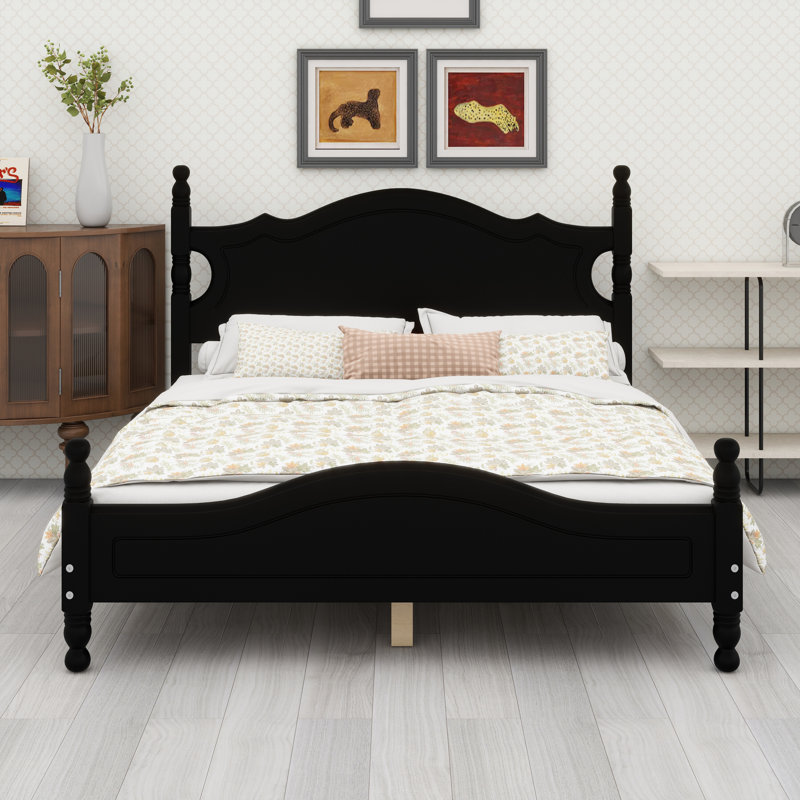 Structure de lit plateforme en bois, lit plateforme de style rétro avec support en lattes de bois, Noir