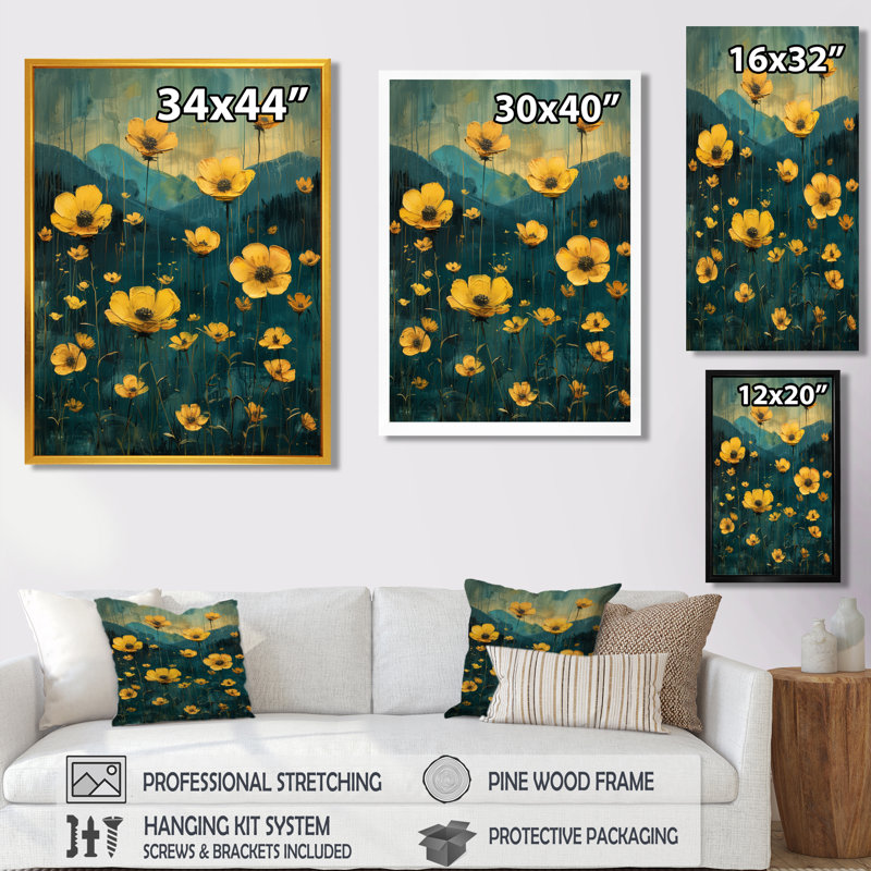 Reproduction d'art jaune jaune et bleu, «Buttercups Meadow IV» - Bouton d'or, Toile encadrée noire simple