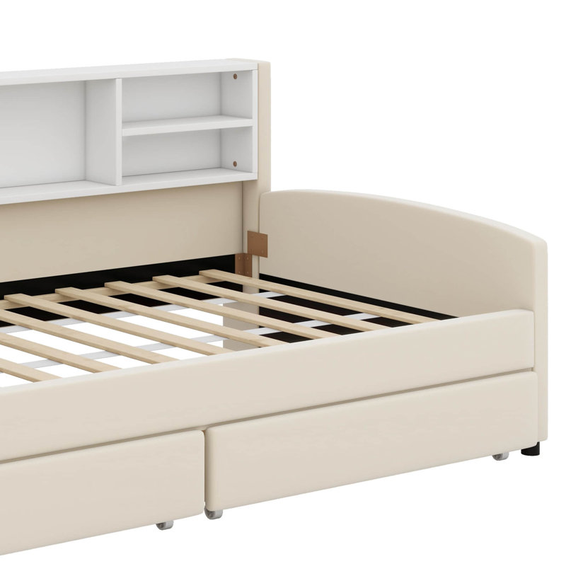 Lit plateforme simple tapissier avec tiroirs de rangement intégrés, Beige