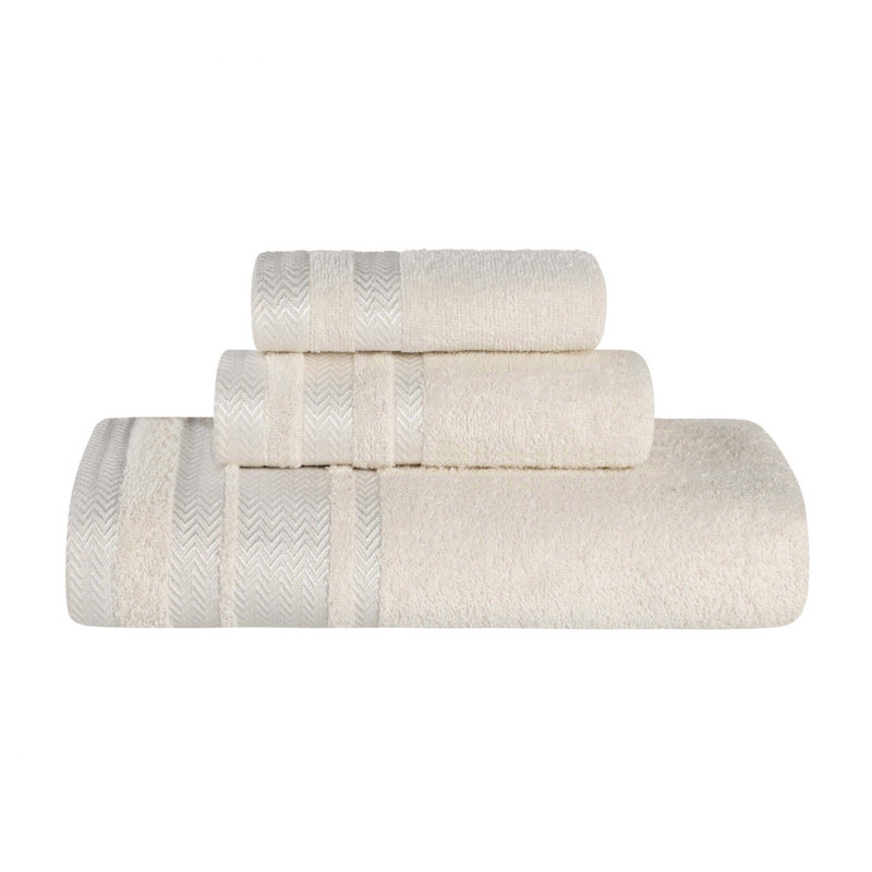 Bouse Hays Cotton Solid Plush Soft Absorbent Medium Weight 3 Piece Bathroom Towel Set, Ivory