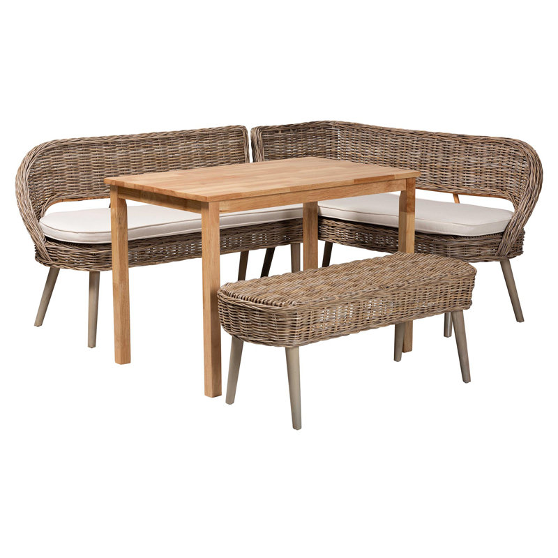 Chamniss Modern Bohemian Gray Washed Seagrass and Rattan Bench and Wood Table 4-piece Dining Nook Set