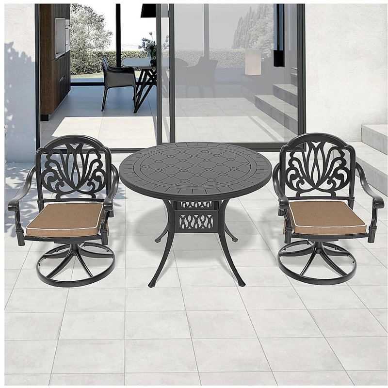 3-Piece All-Weather Cast Aluminum Dining Set, Include 2 Swivel Chairs and 39.37" Round Table With Black Frame