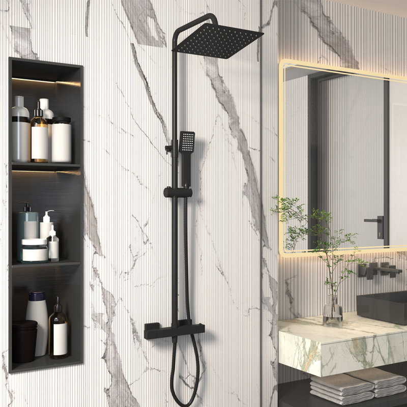 Thermostatic Shower Mixer Set Square Shower Kit 8 Inch Stainless Steel Overhead Shower Brass 38°c Thermostatic Valve, Black