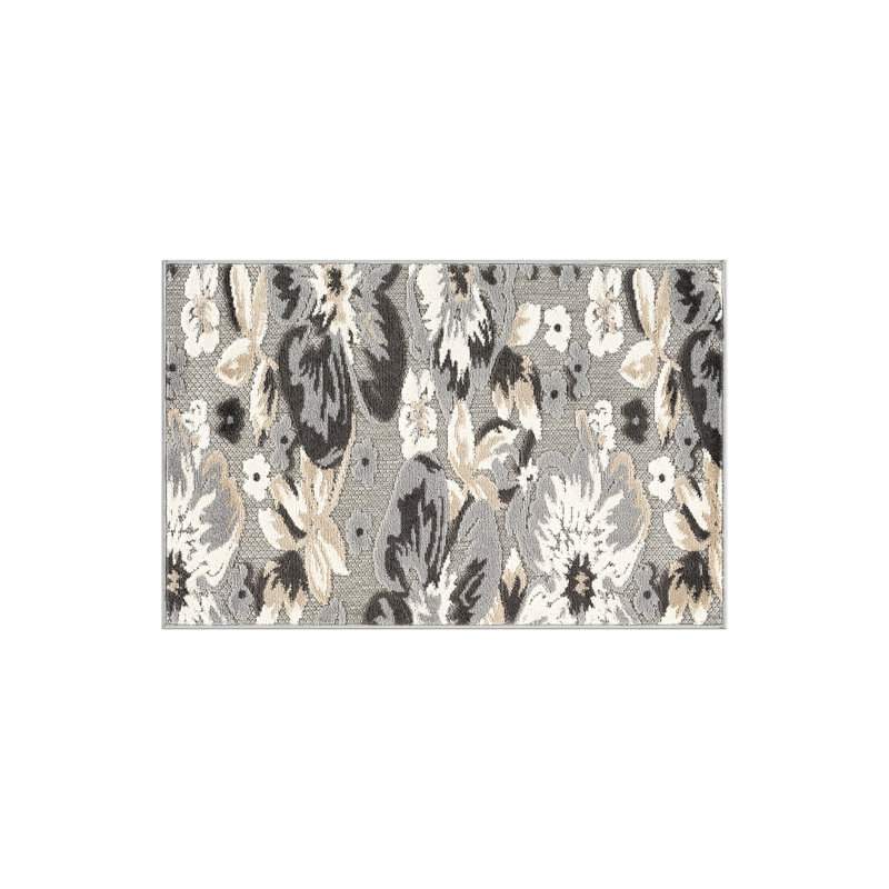 Tapis floral intérieur / extérieur gris, Rectangle 2 pi 7 po x 4 pi