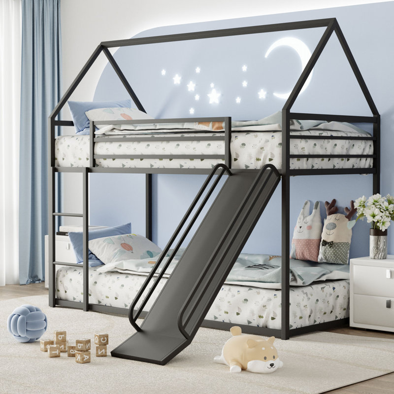 Twin Over Twin Metal House Bunk Beds with Slide and Ladder, Black