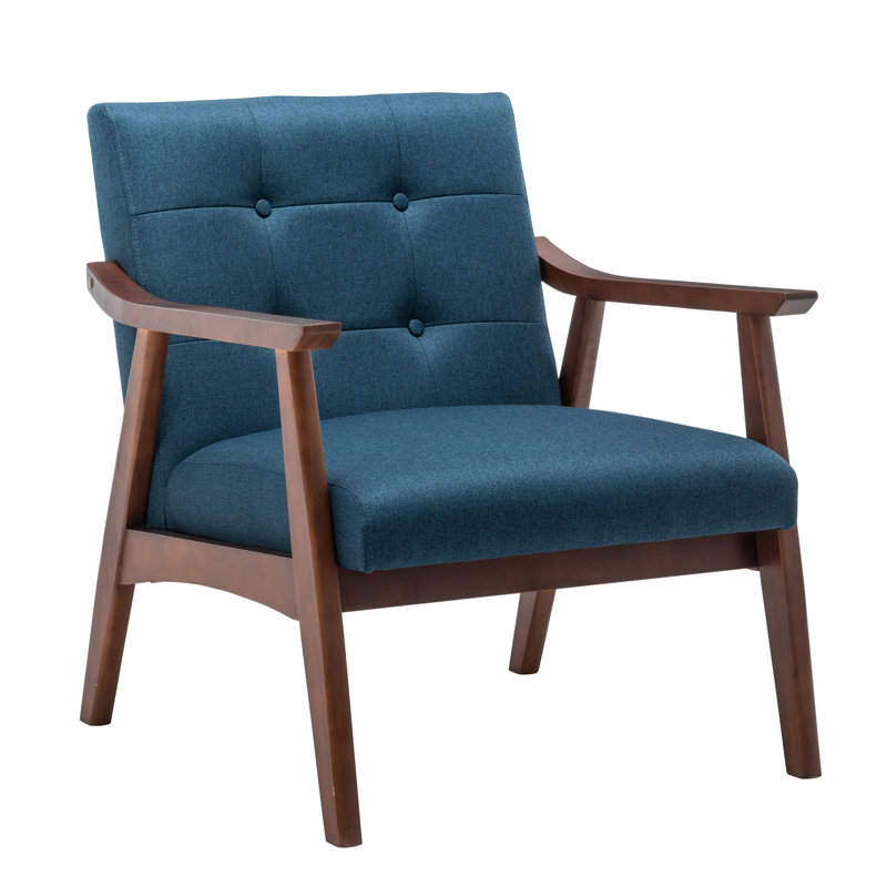 Fauteuil capitonné en tissu de 28,5 po de large avec structure en bois massif Banassak, Mélange de lin bleu foncé