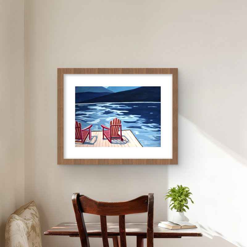 Lake Dock Mountains & Chairs - Beige, reproduction encadrée avec passe-partout