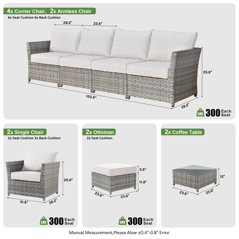 Ensemble de conversation de patio Ignatz 8 personnes, sans assemblage requis, sectionnel extérieur avec coussins, Beige clair