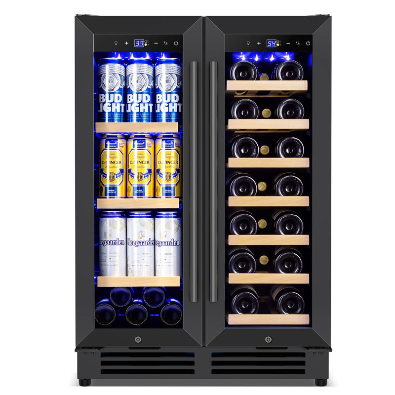 24" Dual Zone 20-Bottle 60-Can Wine & Beverage Refrigerator Built-In/Freestanding Glass Door Classic Cooler with 4 Door Handles,Blue LED and Adjustable Shelves