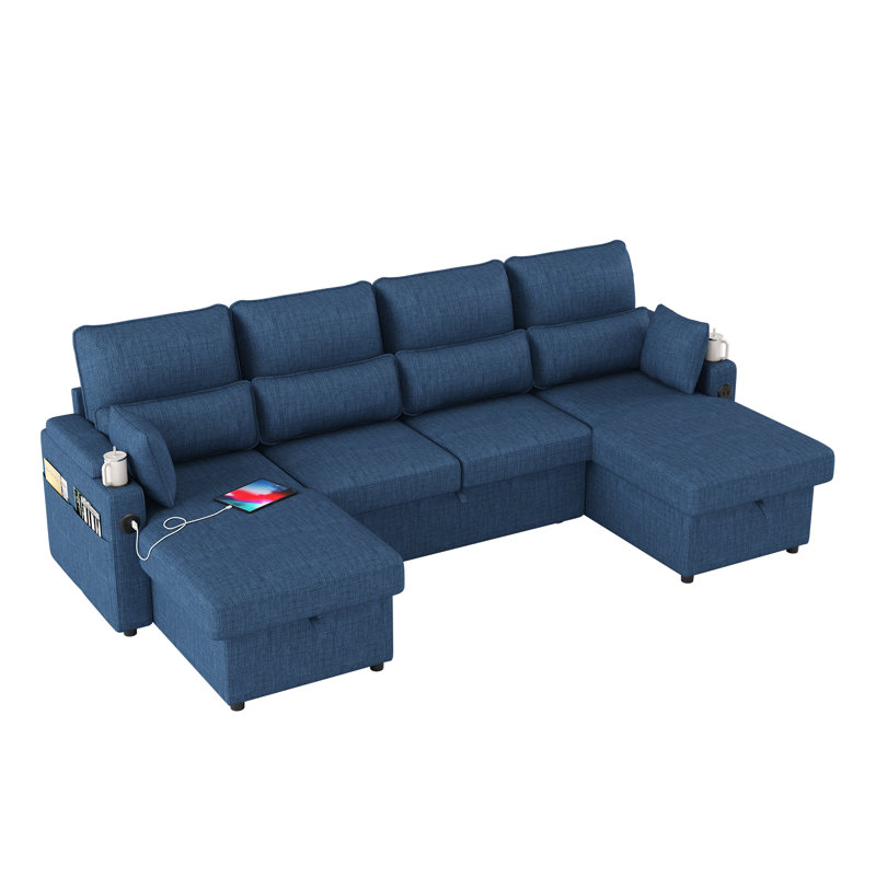 U-shaped Sectional Sofa Bed Pull Out Sleeper Couch With Storage Chaise For Living Room, Blue