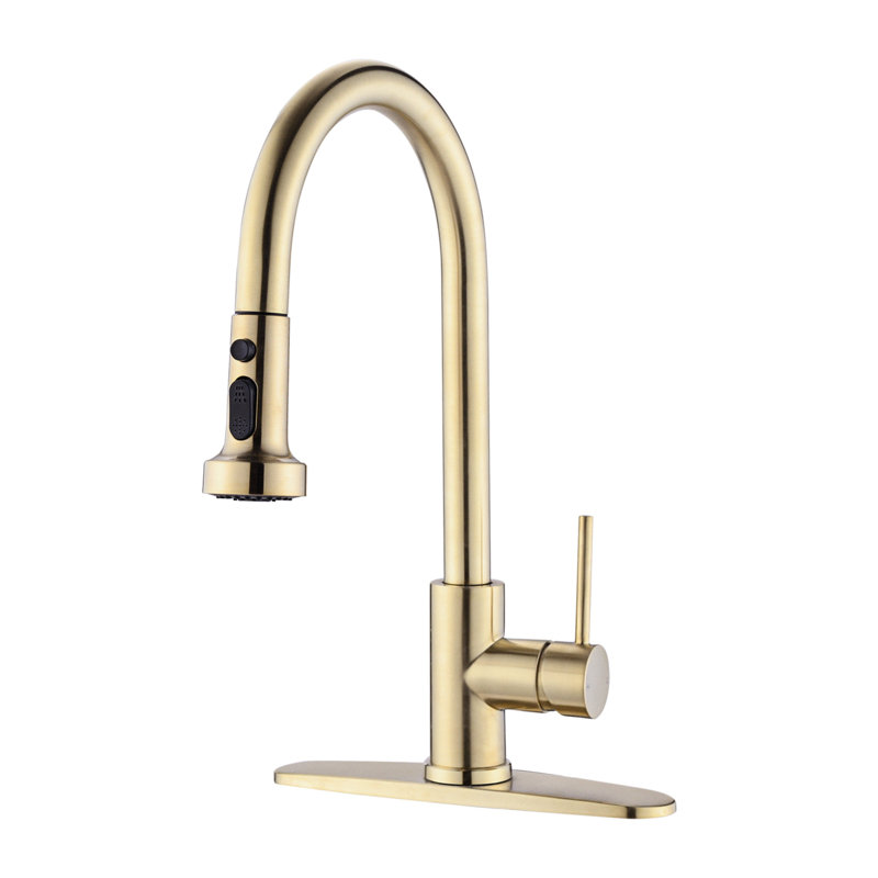Brushed Gold Stainless Steel Pull Down Kitchen Faucet With Soap Dispenser - Scratch, Rust, And Spot Construction 360 Rotatable Spout Energetic Spray Capacity 1.8Gpm Flow Volume Easy To Clean